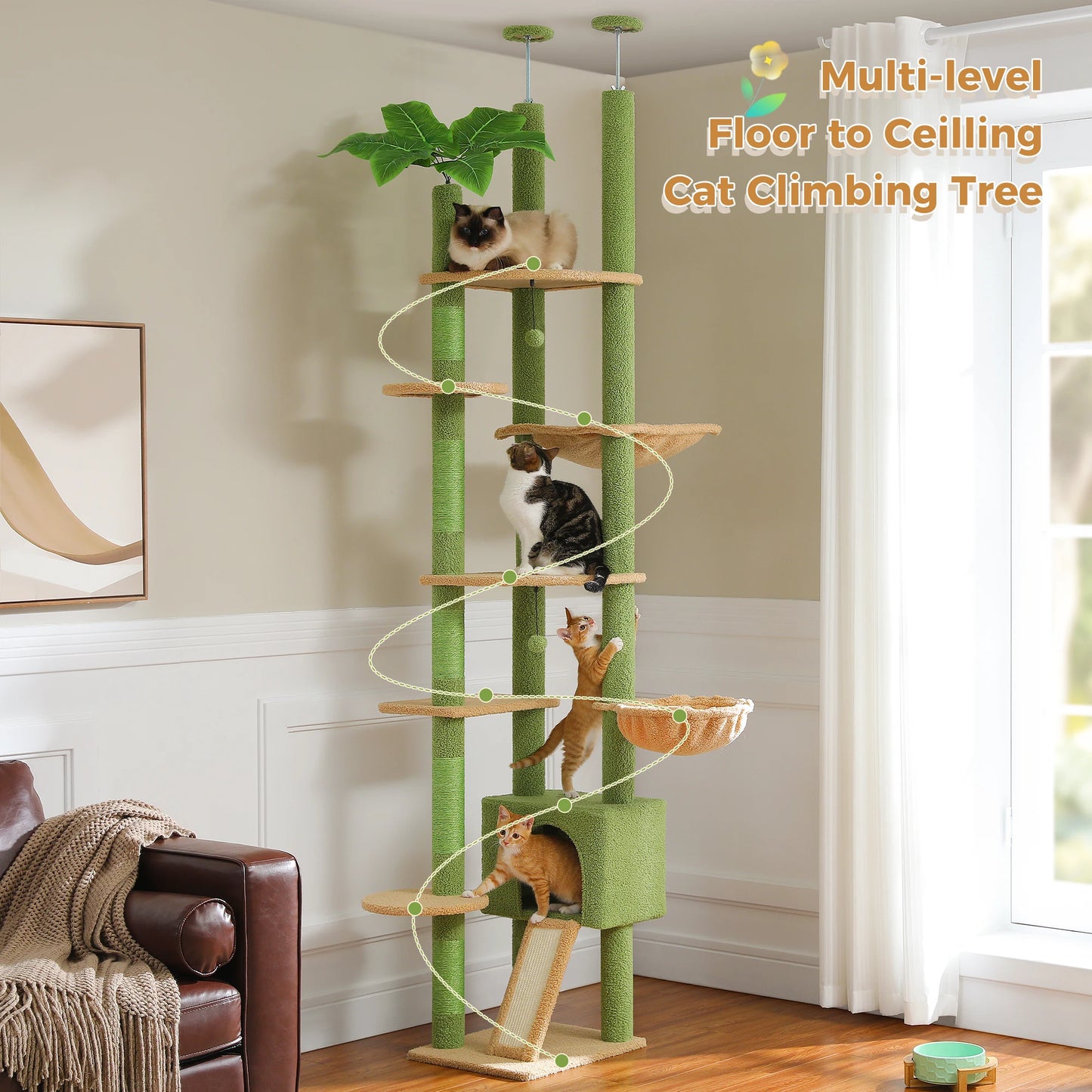 Cactus Floor-to-Ceiling Cat Tree – Adjustable Height Cat Tower with Cozy Condo, Hammock & Scratching Post – Tall Activity Tree