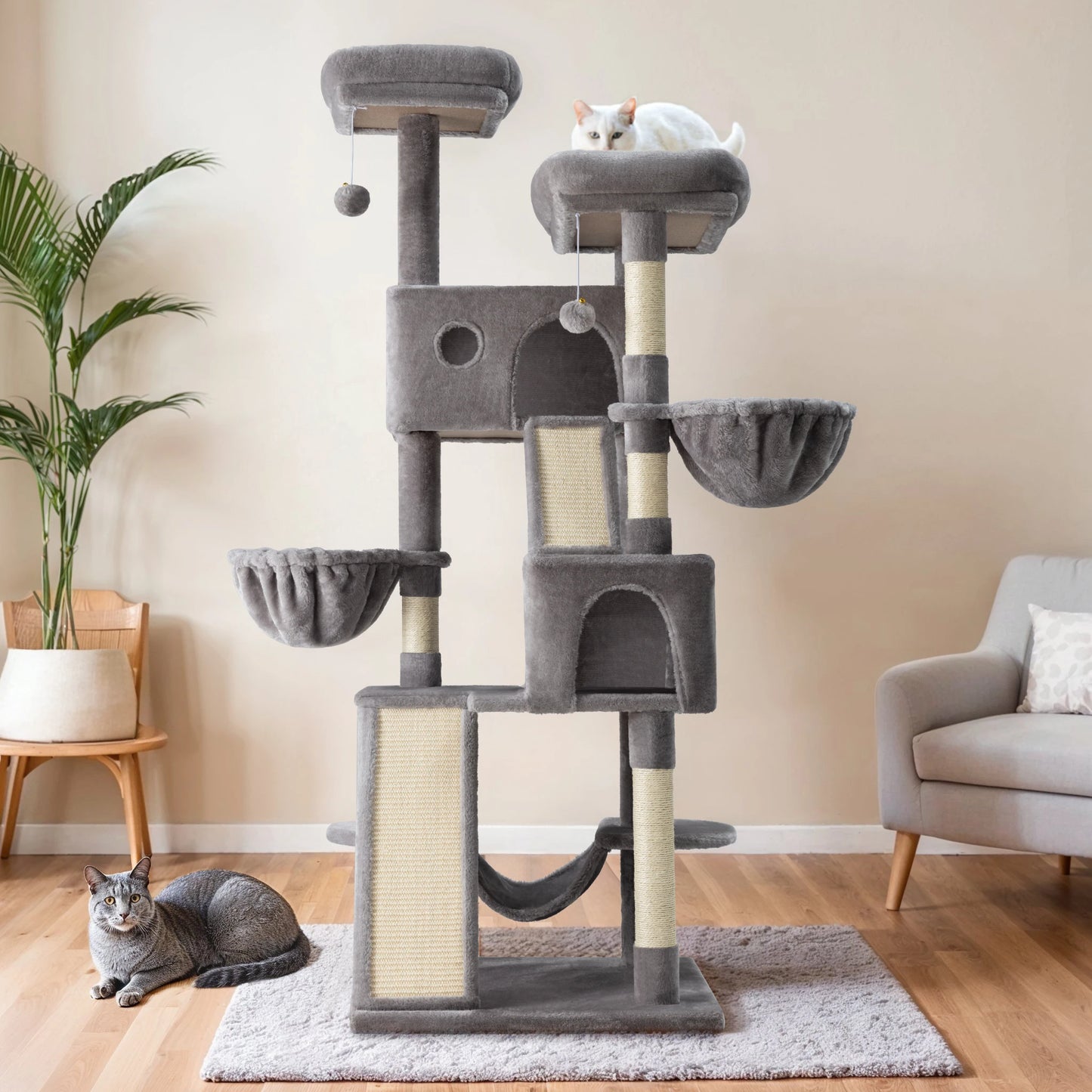 65in Multi-Level Large Cat Tree Tower with Plush Perches, Cozy Condos, Baskets & Sisal Scratching Posts - Premium Pet Furniture