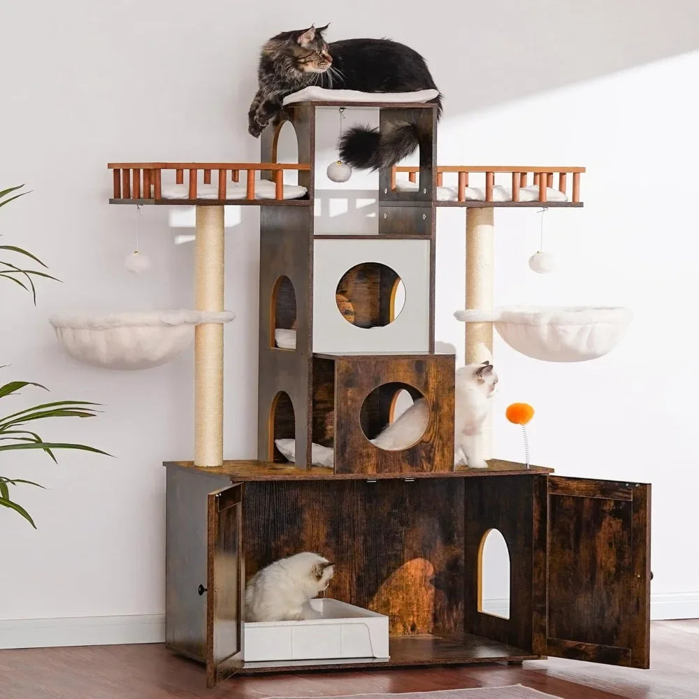 Cat Tree Tower with Litter Box Enclosure for Indoor Large or Small Cats - Modern Cat Condo Furniture