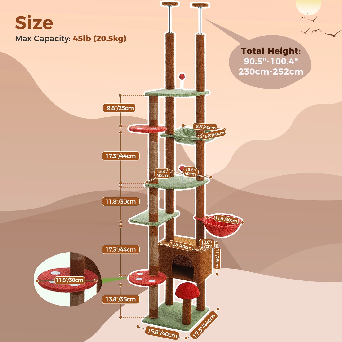 Floor-to-Ceiling Cat Tree Tower – Adjustable Height with Cozy Cat Condo, Hammock & Scratching Post – Tall Activity Tree