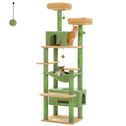 Large Green Cat Tree Tower – Multi-Level Indoor Playground with Sisal Scratching Posts, Spacious Hammock, Padded Perches & Cozy Condos