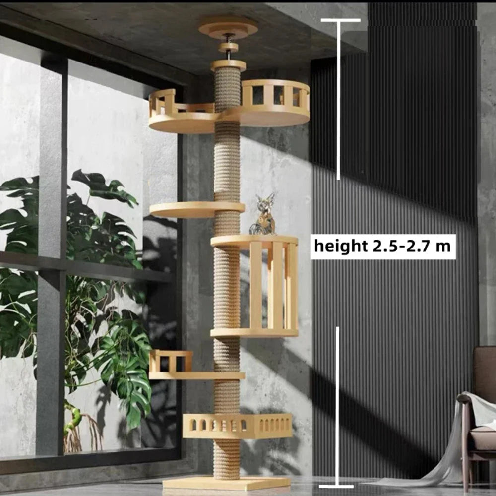 Floor-to-Ceiling Cat Tree Tower with Scratching Post, Hammock & Solid Wood Design – Perfect Pet Furniture for Climbing and Relaxing