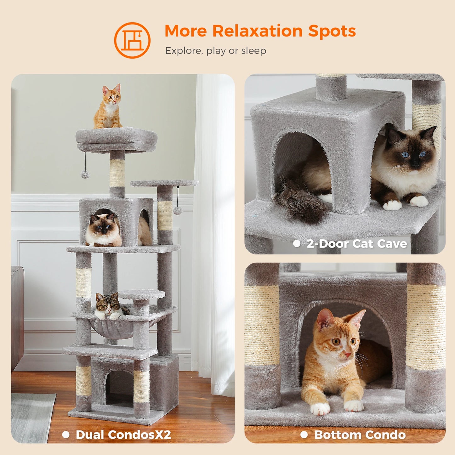 Large Cat Tree Tower for Indoor Cats – Sisal Scratching Posts, Spacious Hammock, Padded Perches & Cozy Condos