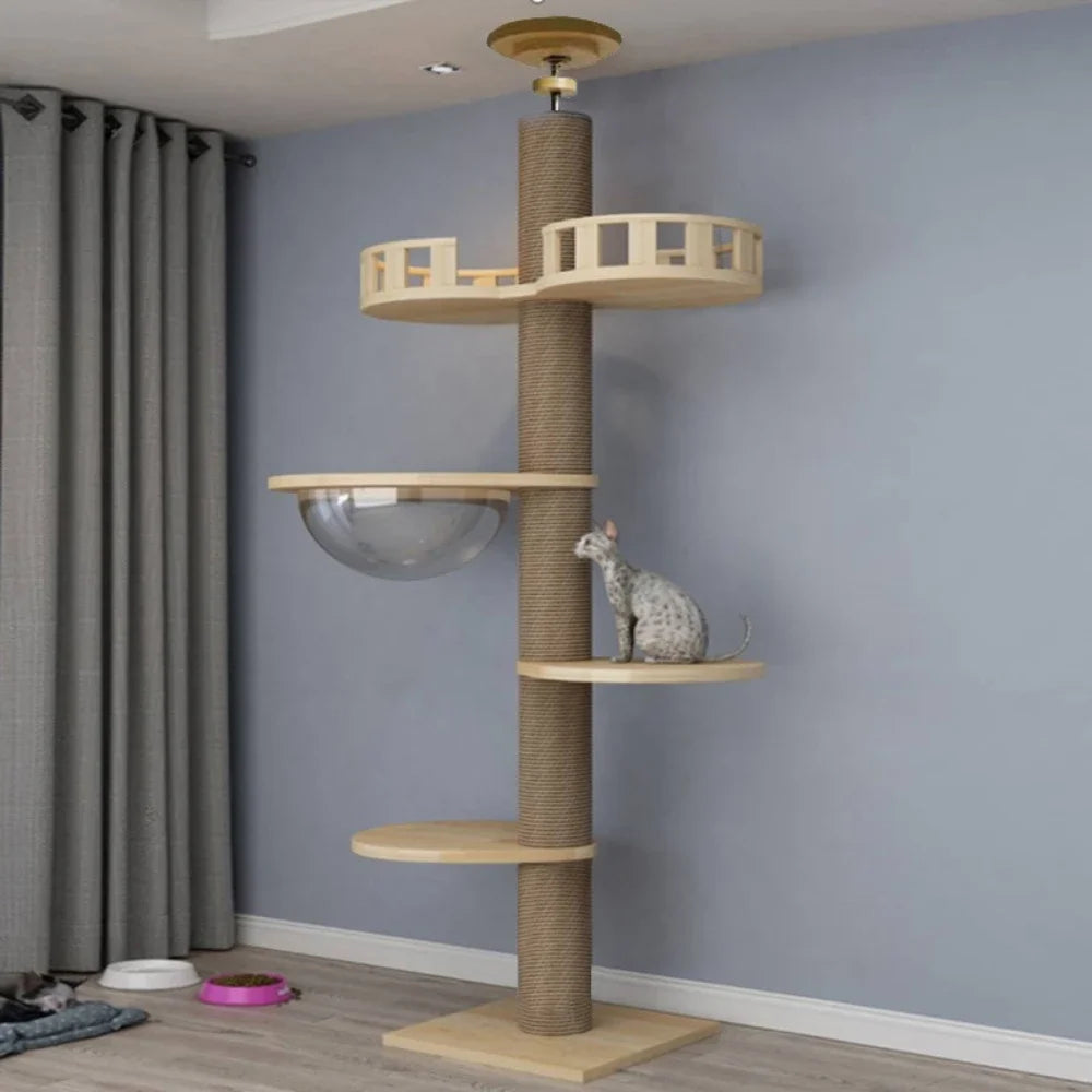 Floor-to-Ceiling Cat Tree Tower with Scratching Post, Hammock & Solid Wood Design – Perfect Pet Furniture for Climbing and Relaxing