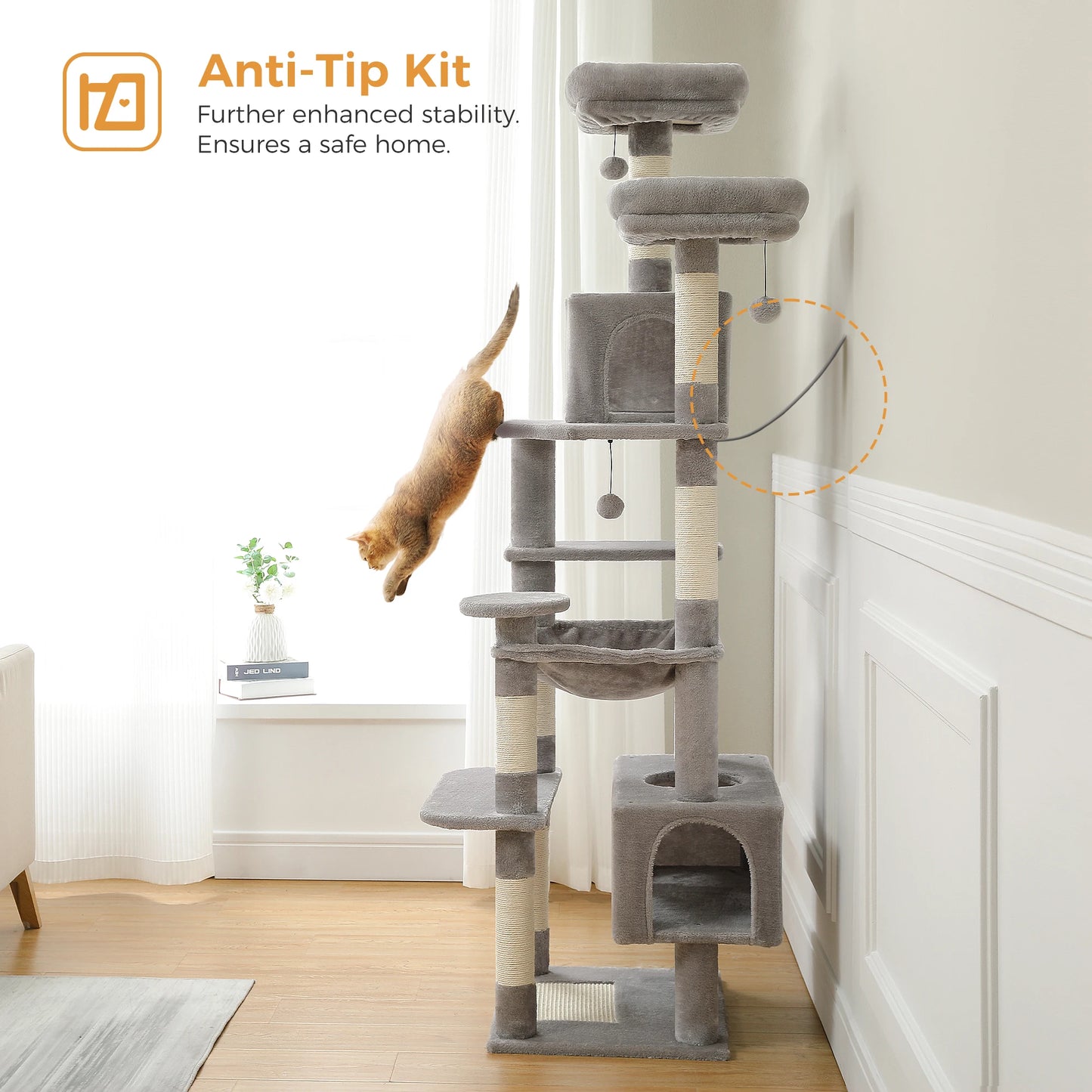 Large Cat Tree Tower for Indoor Cats – Sisal Scratching Posts, Spacious Hammock, Padded Perches & Cozy Condos