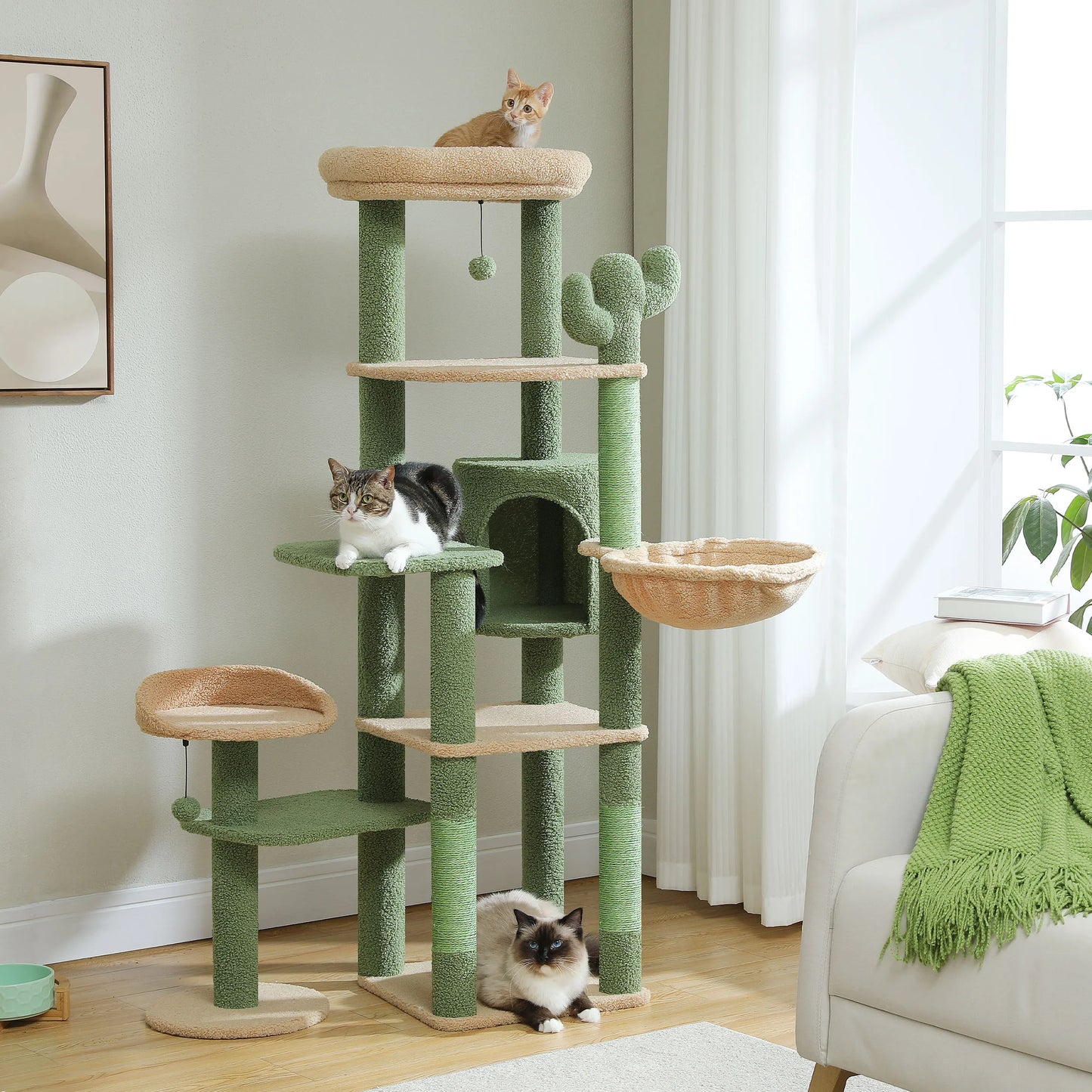 Tall Cactus Cat Tree for Large Cats – Multi-Level Tower with Spacious Hammock, Sisal Scratching Post & 2 Plush Perches for Indoor Cats