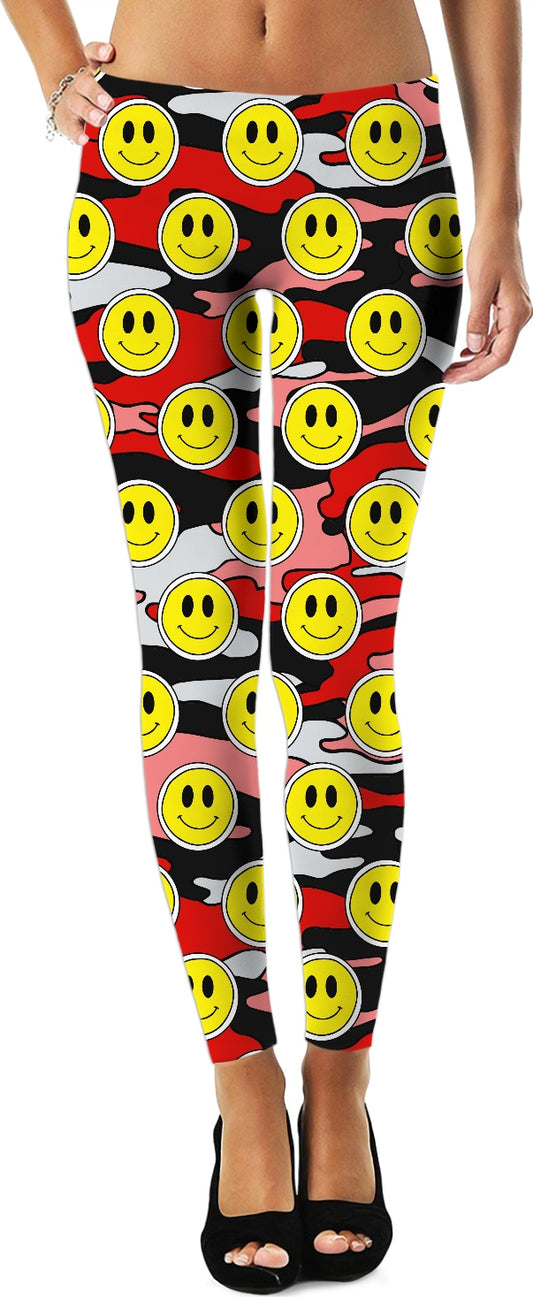 Yellow Smiley Black & Red Camo Leggings