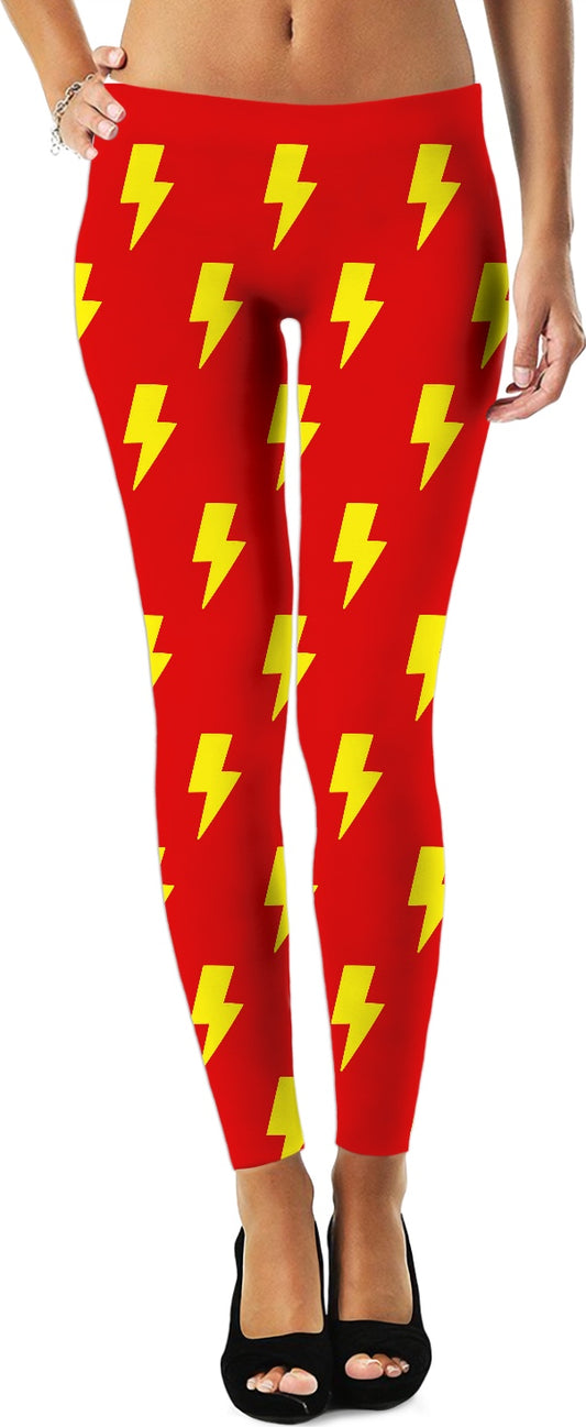 Yellow Lightning Bolts Red Leggings