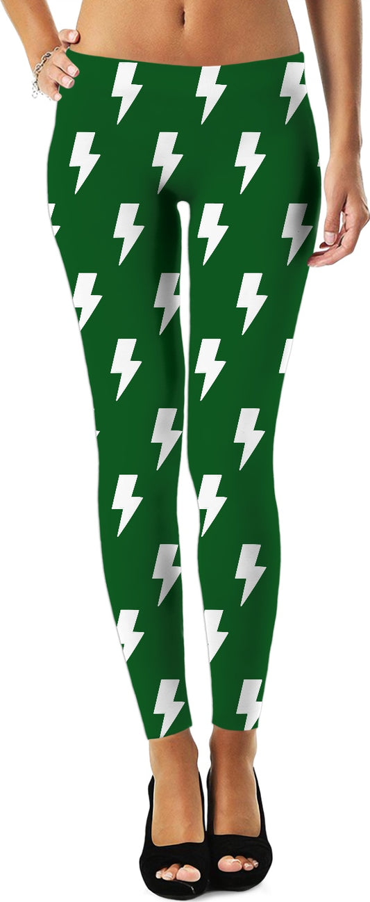 White Lightning Bolts Green Leggings