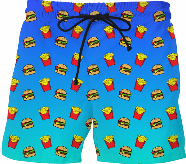 Burger and Fries Blue Ombre Swim Shorts