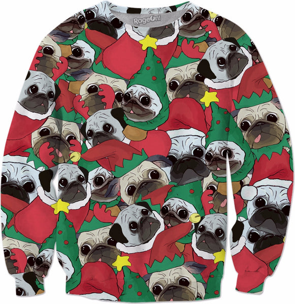 Festive Pug Pattern Crewneck Sweatshirt