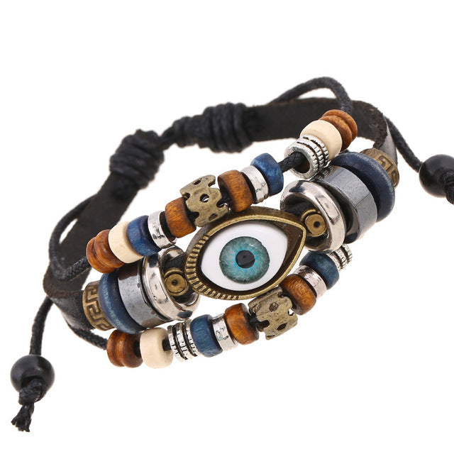 Evil Eye Charm Adjustable Leather Bracelet