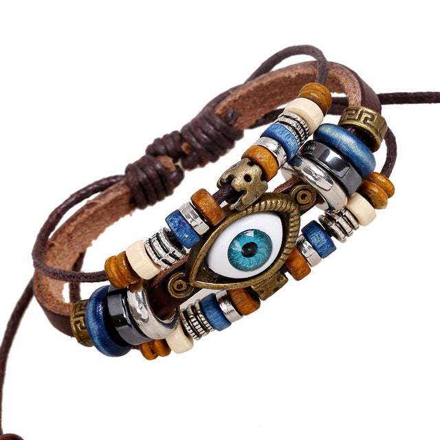 Evil Eye Charm Adjustable Leather Bracelet