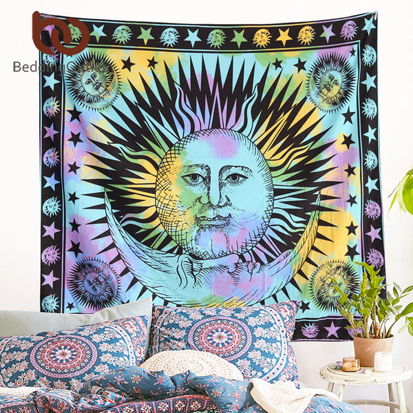 Psychedelic Celestial Sun Moon Stars Tie Dye Tapestry
