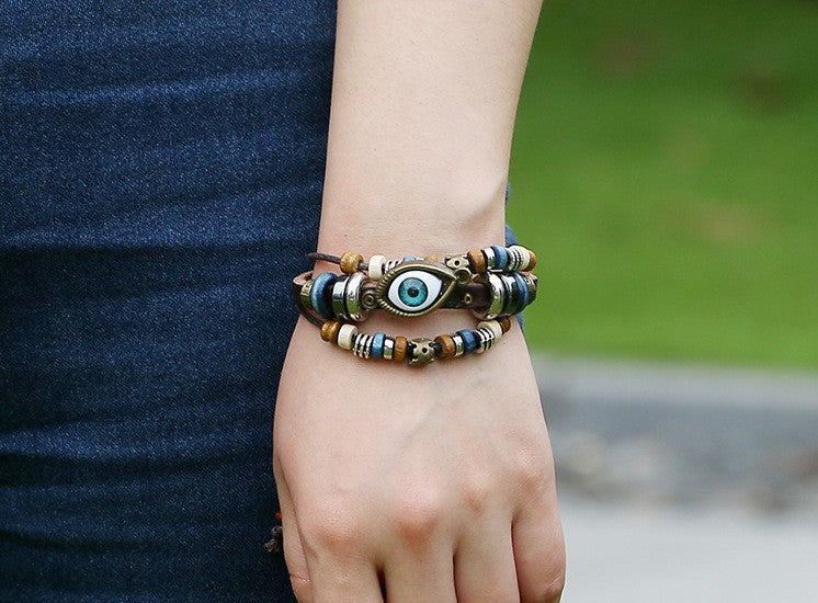 Evil Eye Charm Adjustable Leather Bracelet